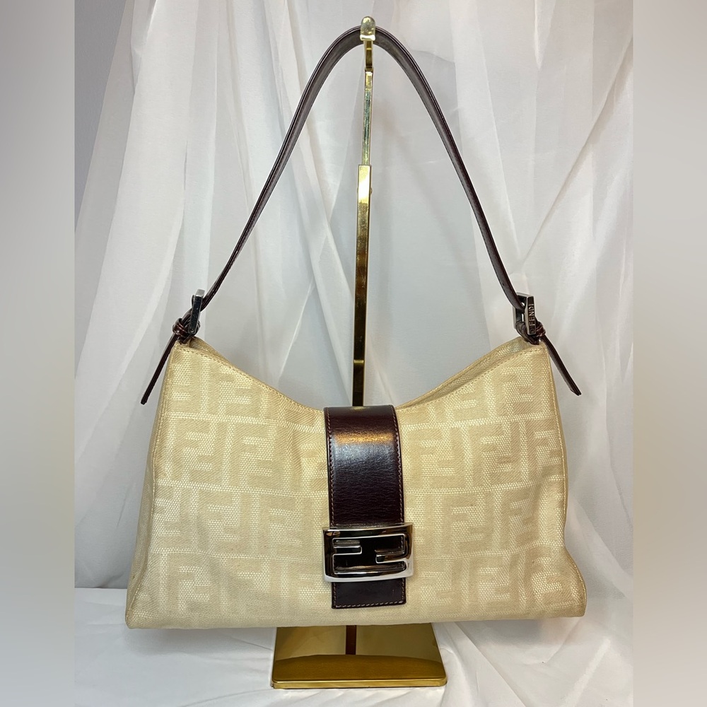 Fendi Baguette FF Zuchinno Hobo Shoulder Bag Ivory/Beige Vintage *Rare*